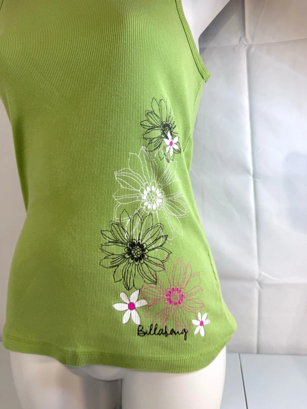 Vintage Billabong Ribbed Tank Top Floral Y2K Green Cotton Size L - Picture 3 of 9